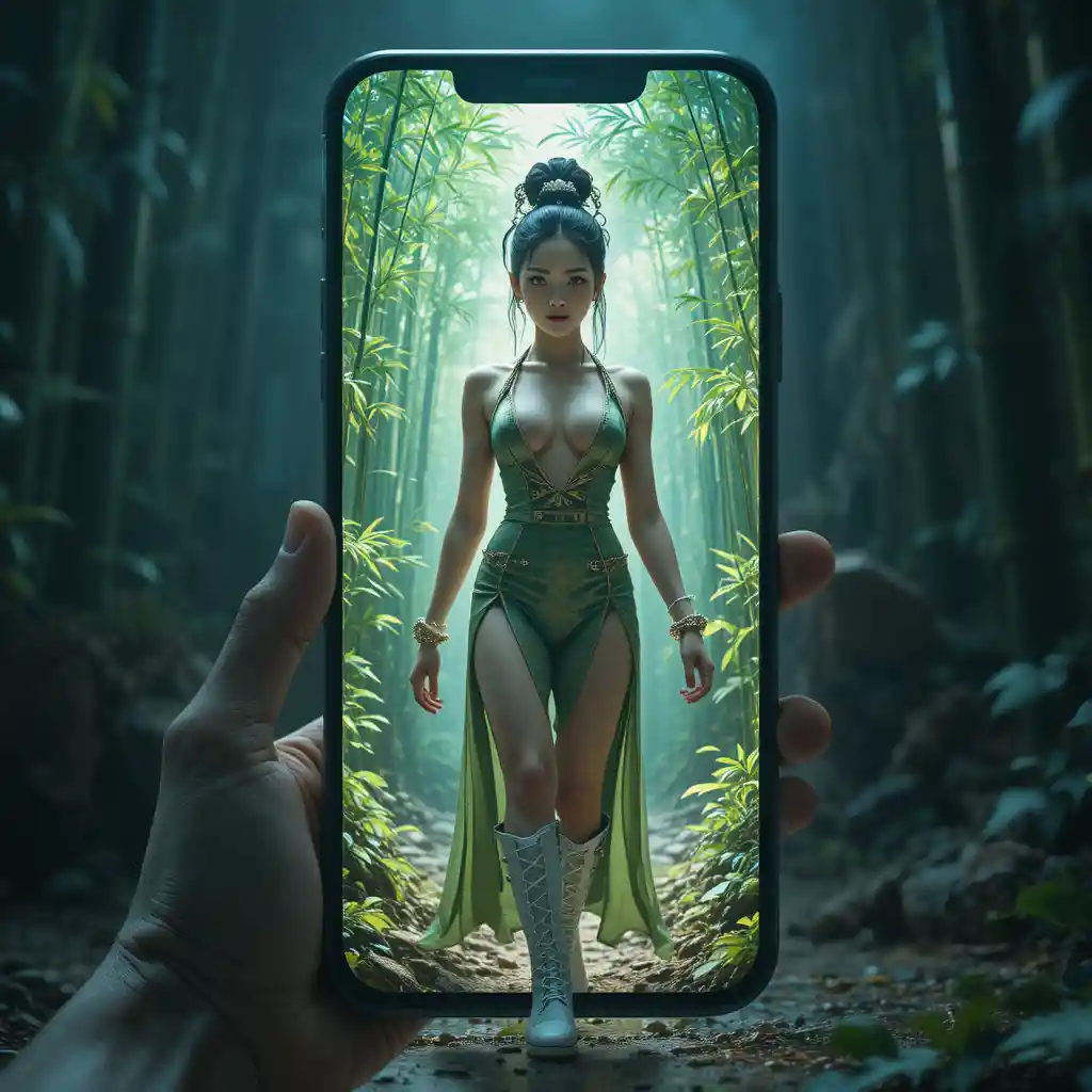 Mulher confiante saindo de um celular brilhante para um bambuzal