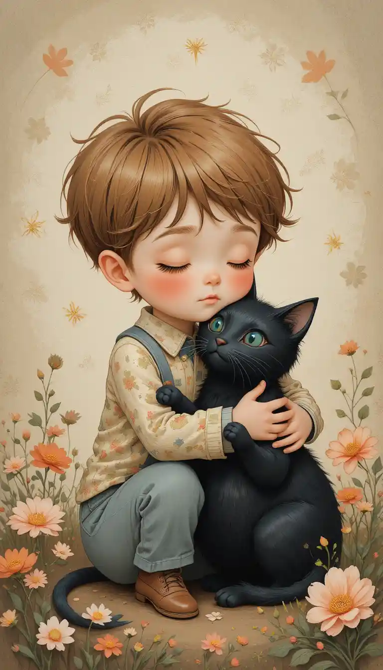 Dreamy folk art boy hugging a black cat