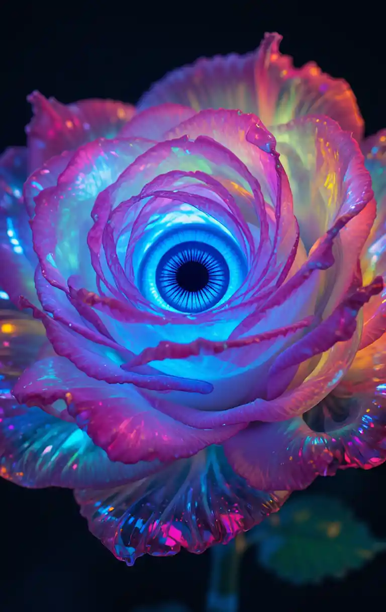 Surreale leuchtende Rose mit einem einzelnen blauen Auge im Zentrum