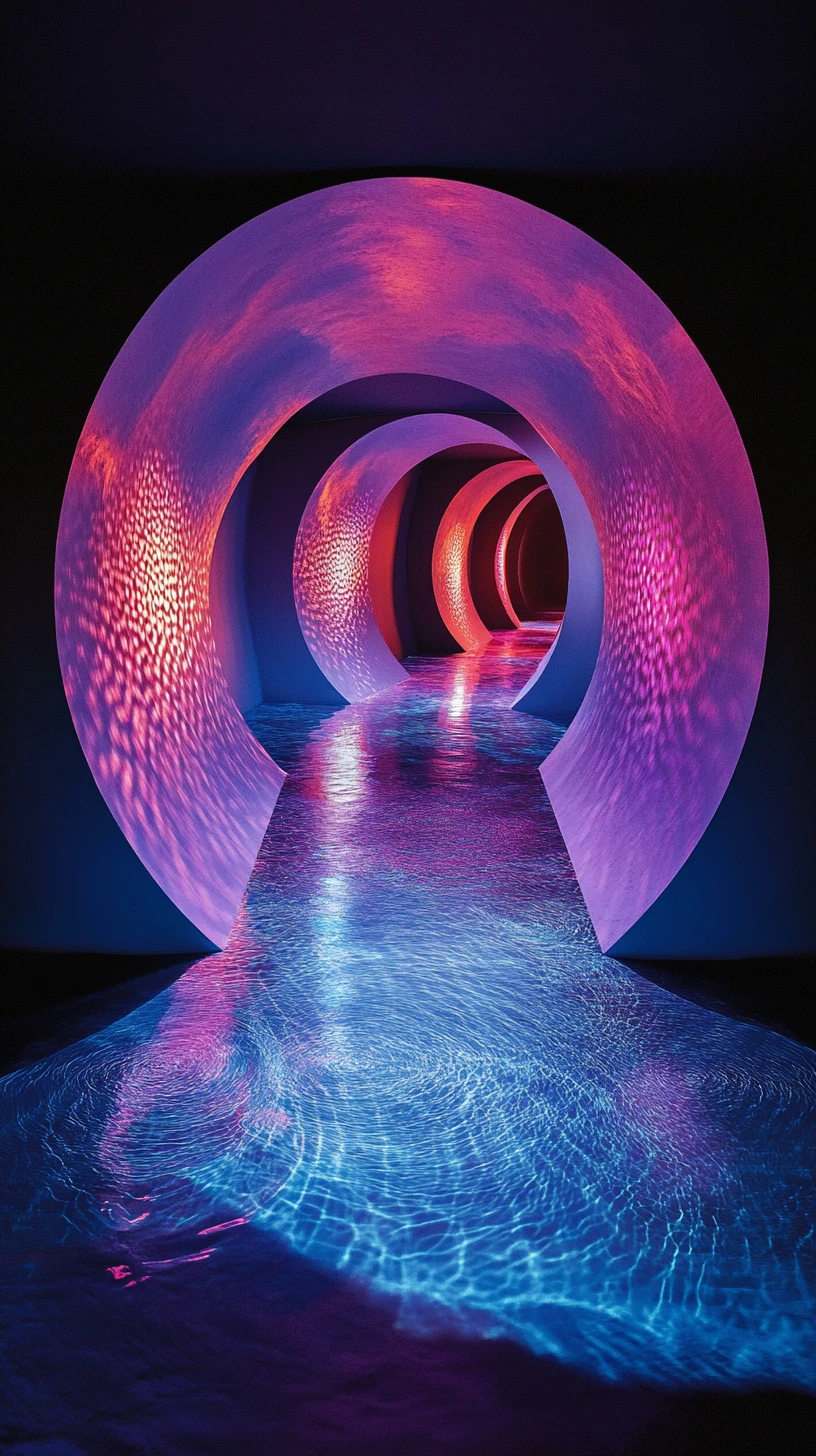 Futuristic round pod interior with glowing sound waves