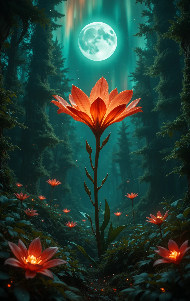 Glowing lily in a dark enchanted green fantasy forest