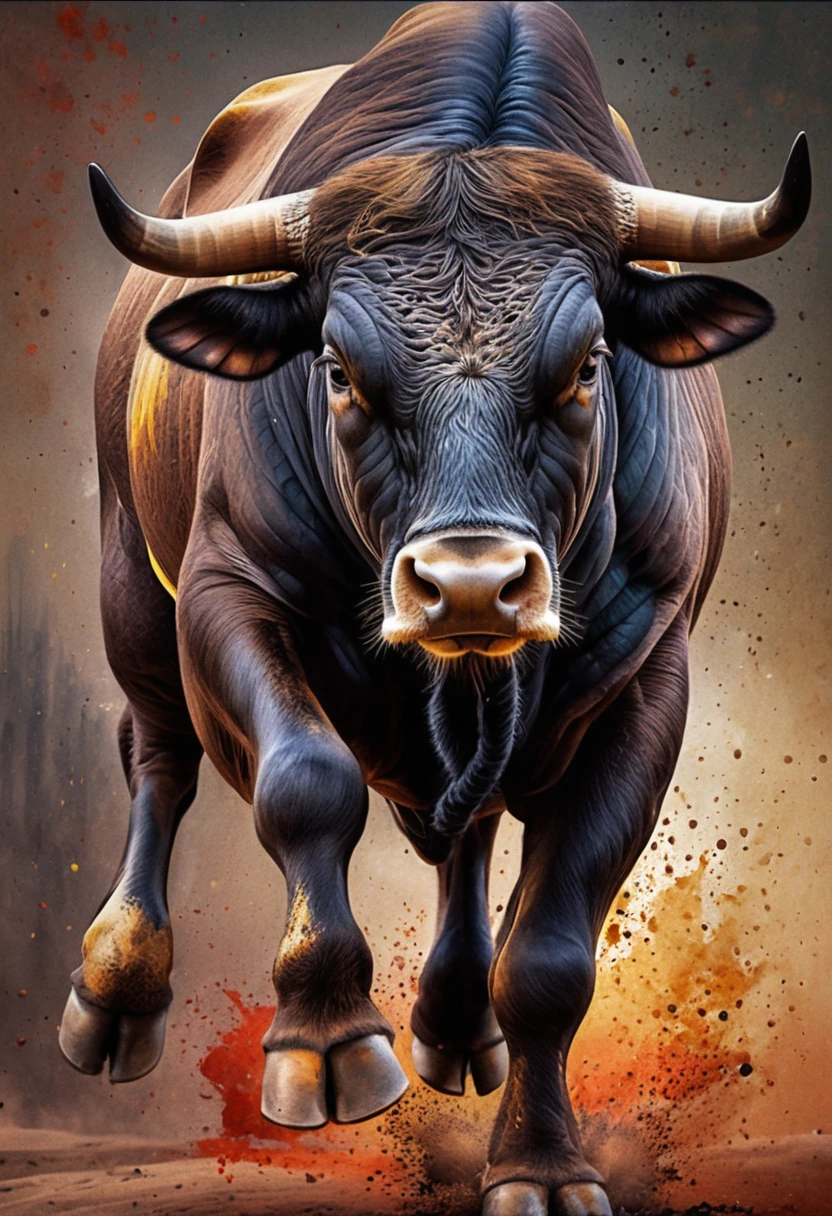 Toro español embistiendo en ilustración dinámica de técnica mixta