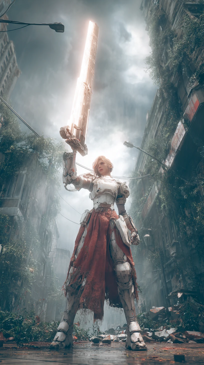 Saintly female warrior with glowing sword in ruined city street