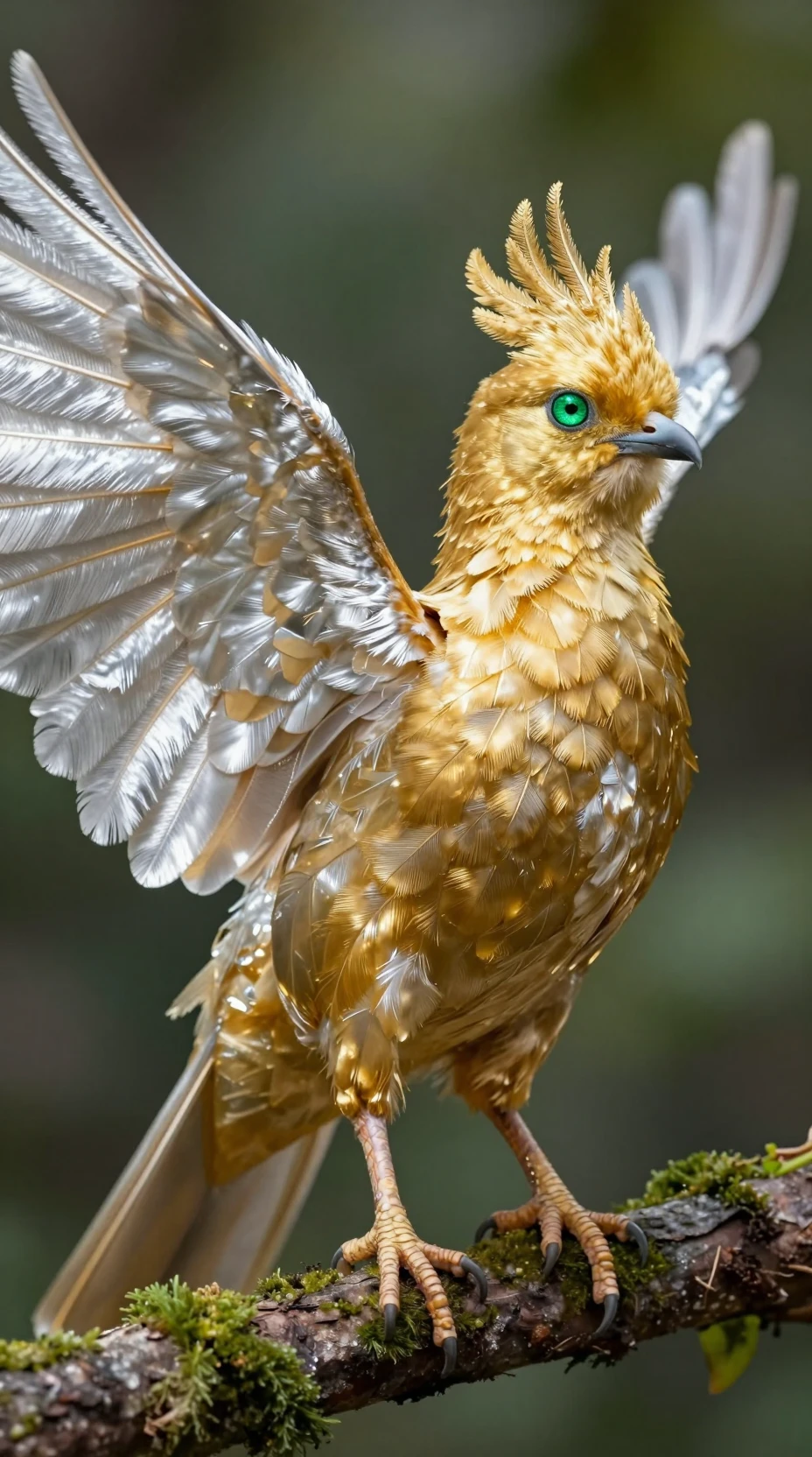 森林樹枝上的銀翼華麗金鳥