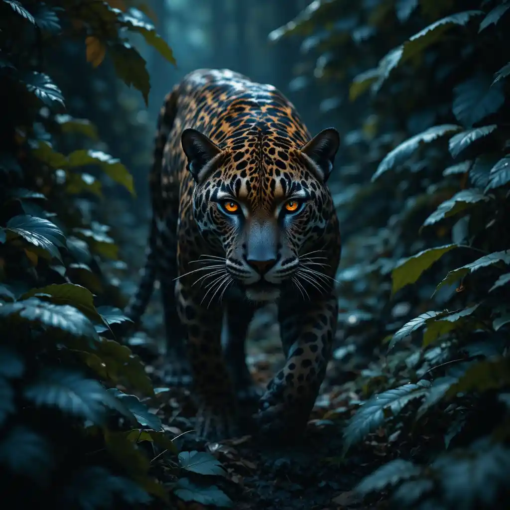 Onça-pintada surgindo das sombras da selva com olhos brilhantes