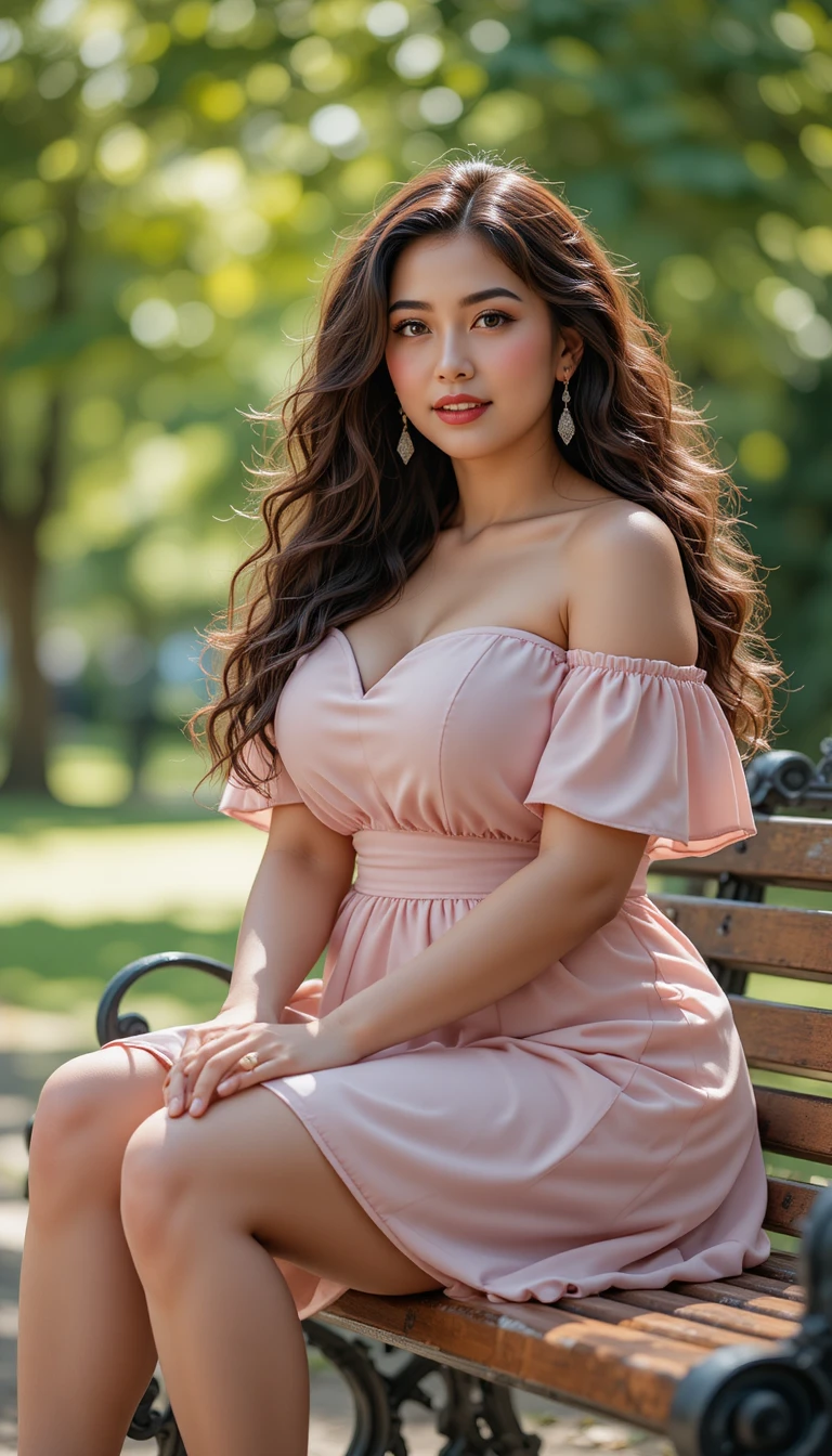 Curvy woman in pink dress sitting on park bench