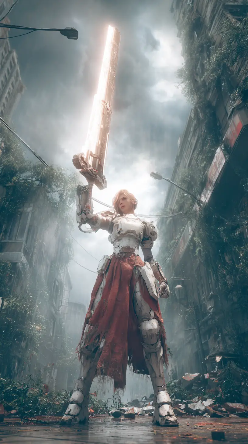 Saintly female warrior with glowing sword in ruined city street
