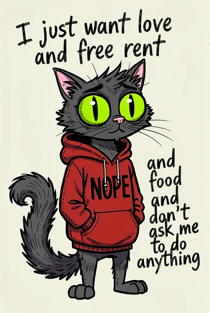 Gato de desenho animado feito à mão com moletom vermelho e texto em negrito