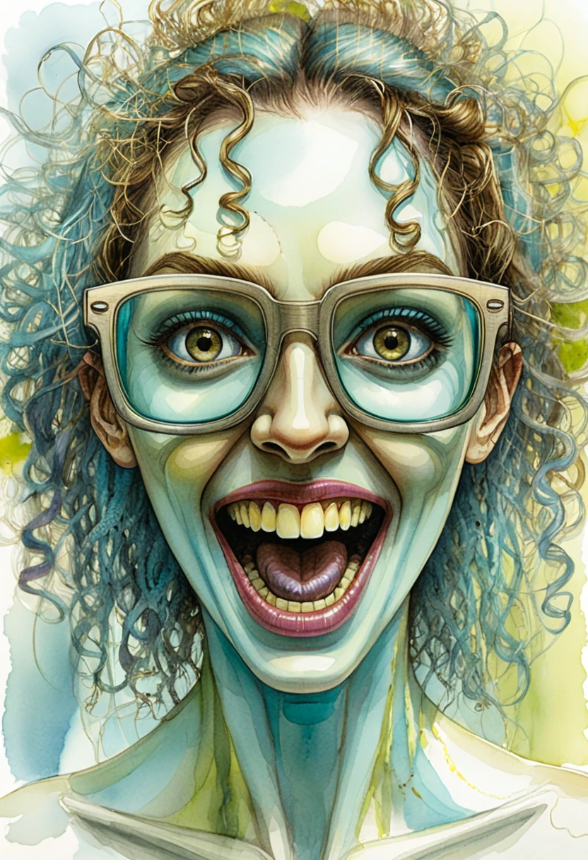 Donna surreale dal volto scarabocchiato con occhiali color teal incrinati