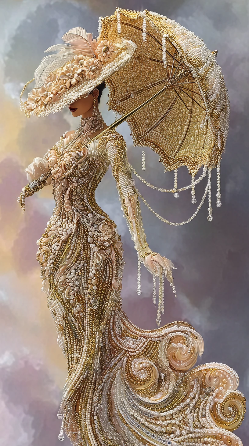 華麗珍珠與黃金奇幻女子與串珠洋傘