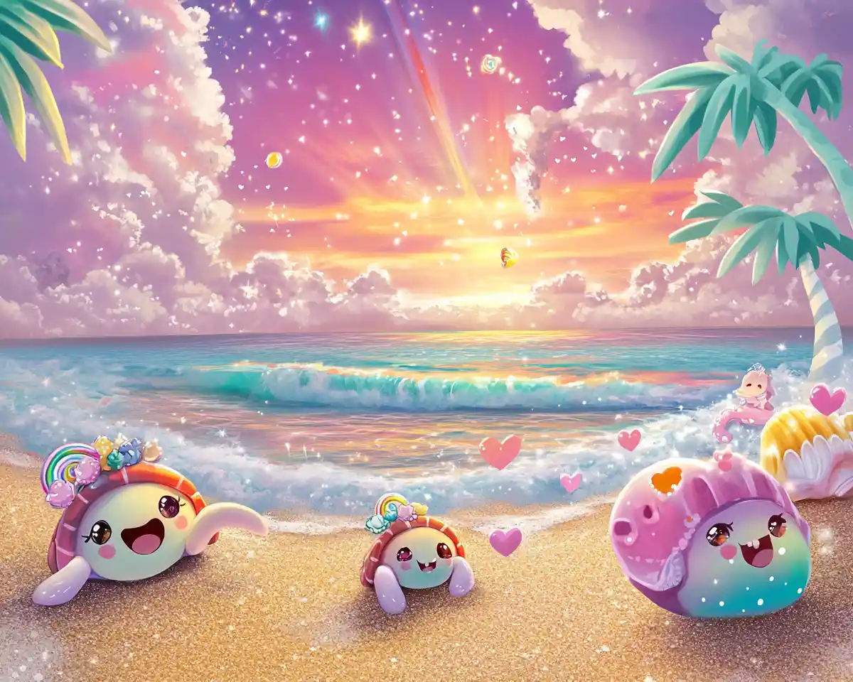 Niedliche Anime-Meeresschildkröten an einem funkelnden Strand bei Sonnenuntergang