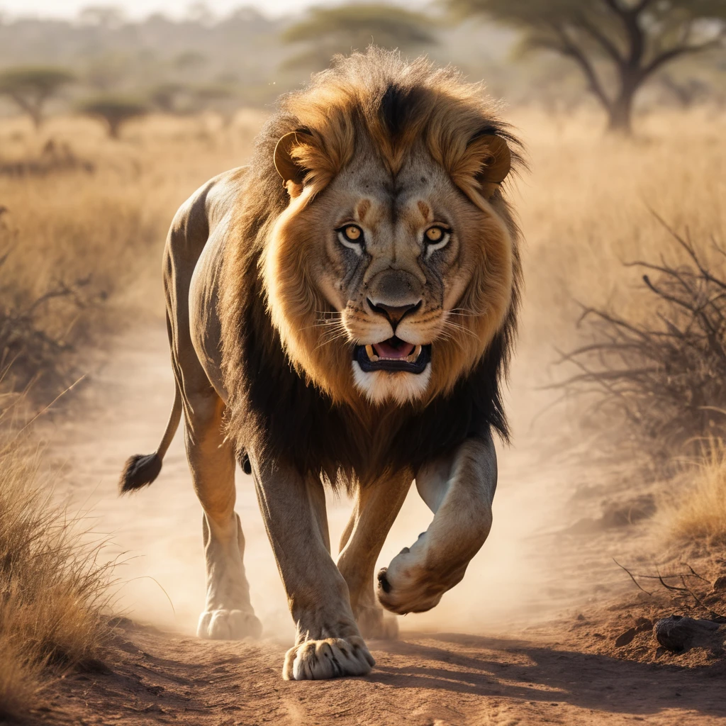 Leão em investida persegue gnus na savana empoeirada ao anoitecer