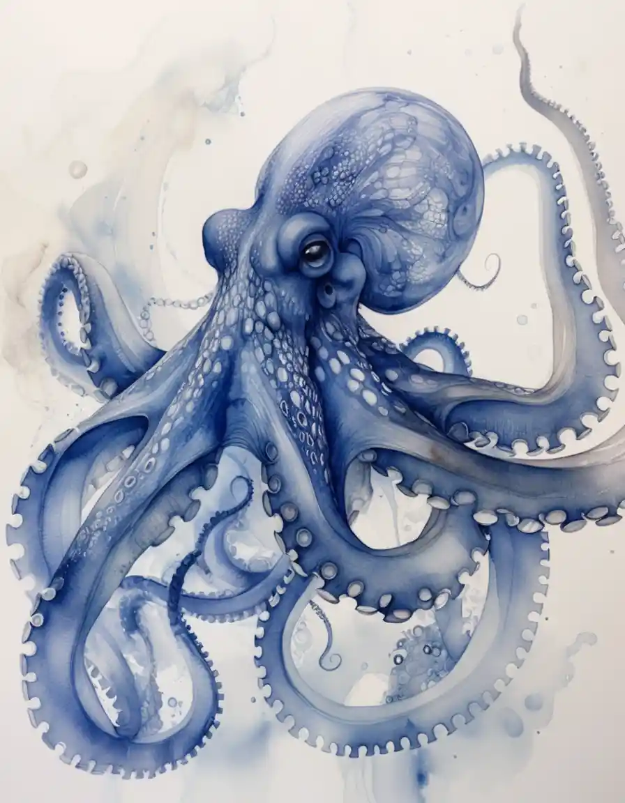 Blue watercolor octopus with flowing curling tentacles