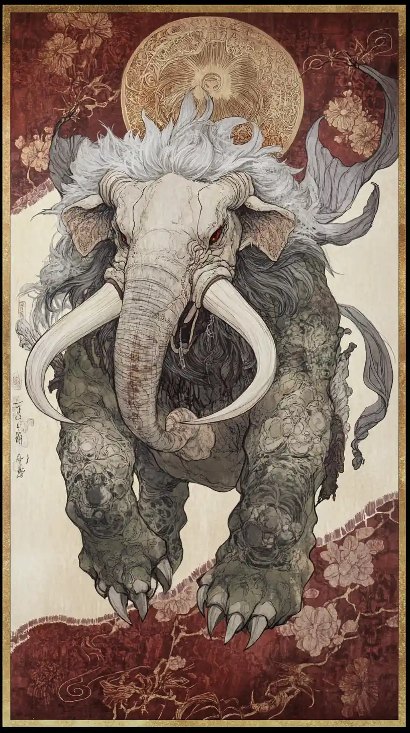 Mythical baku chimera with elephant head and bear body