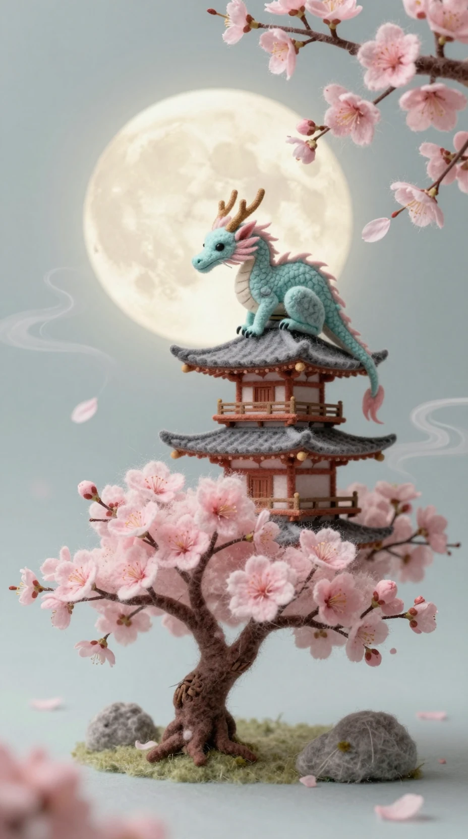 Velvet dragon guarding a pagoda under soft moonlight