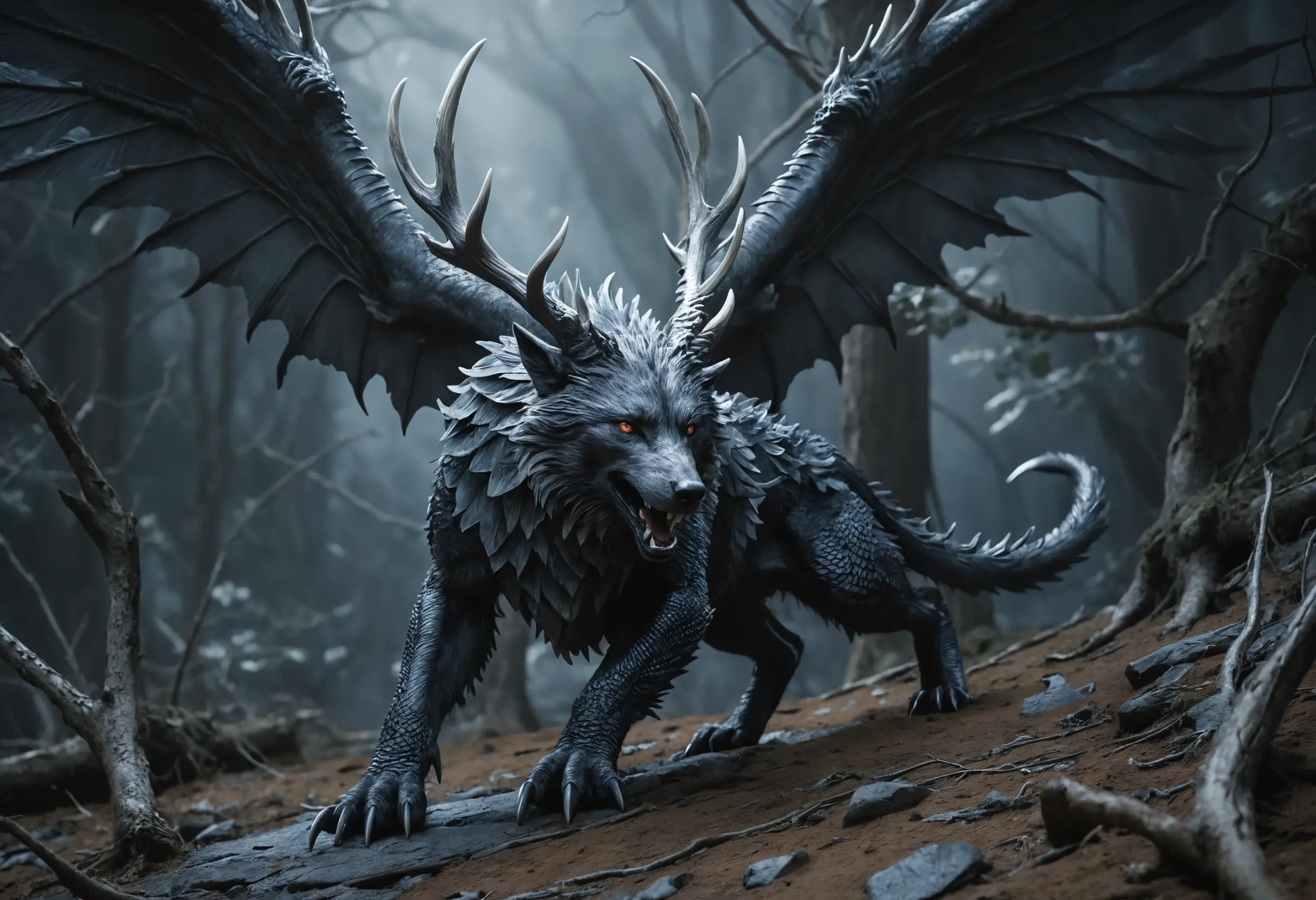 Chimère mythique loup-dragon sous un ciel fantastique au clair de lune