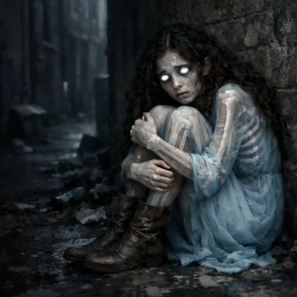 Terrified teenage girl in blue dress in dark alley