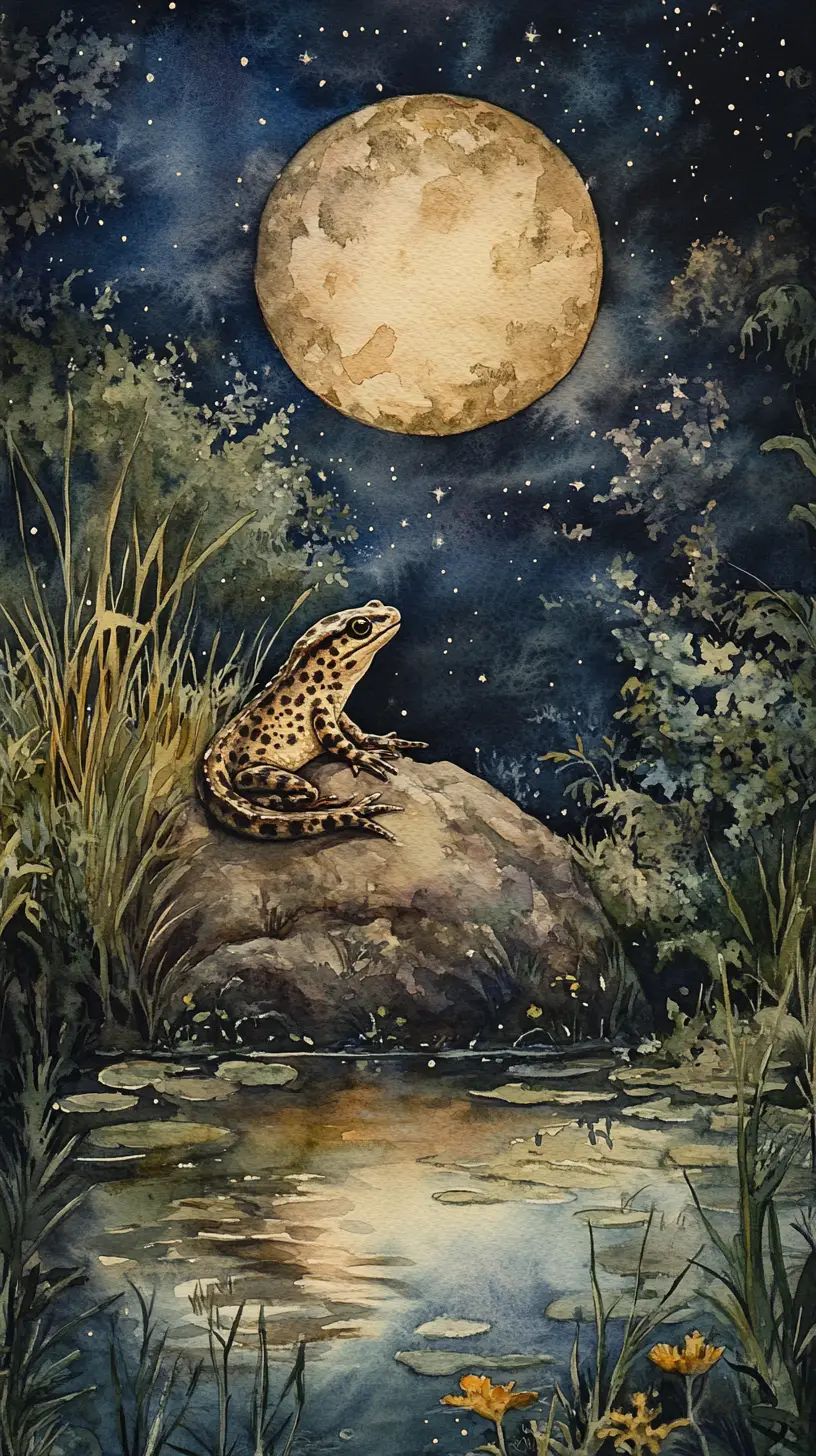 Salamandra ad acquerello su una roccia accanto a uno stagno al chiaro di luna
