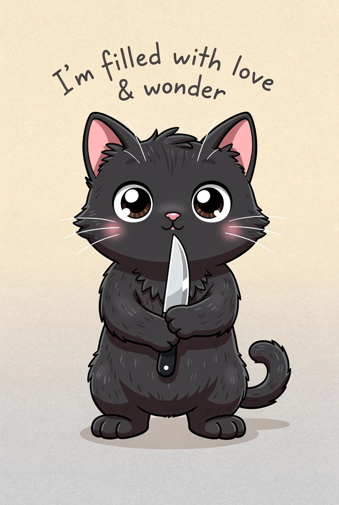 Gato preto em desenho animado com faca e texto em negrito