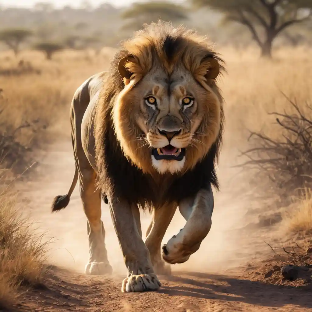 Leão em investida persegue gnus na savana empoeirada ao anoitecer