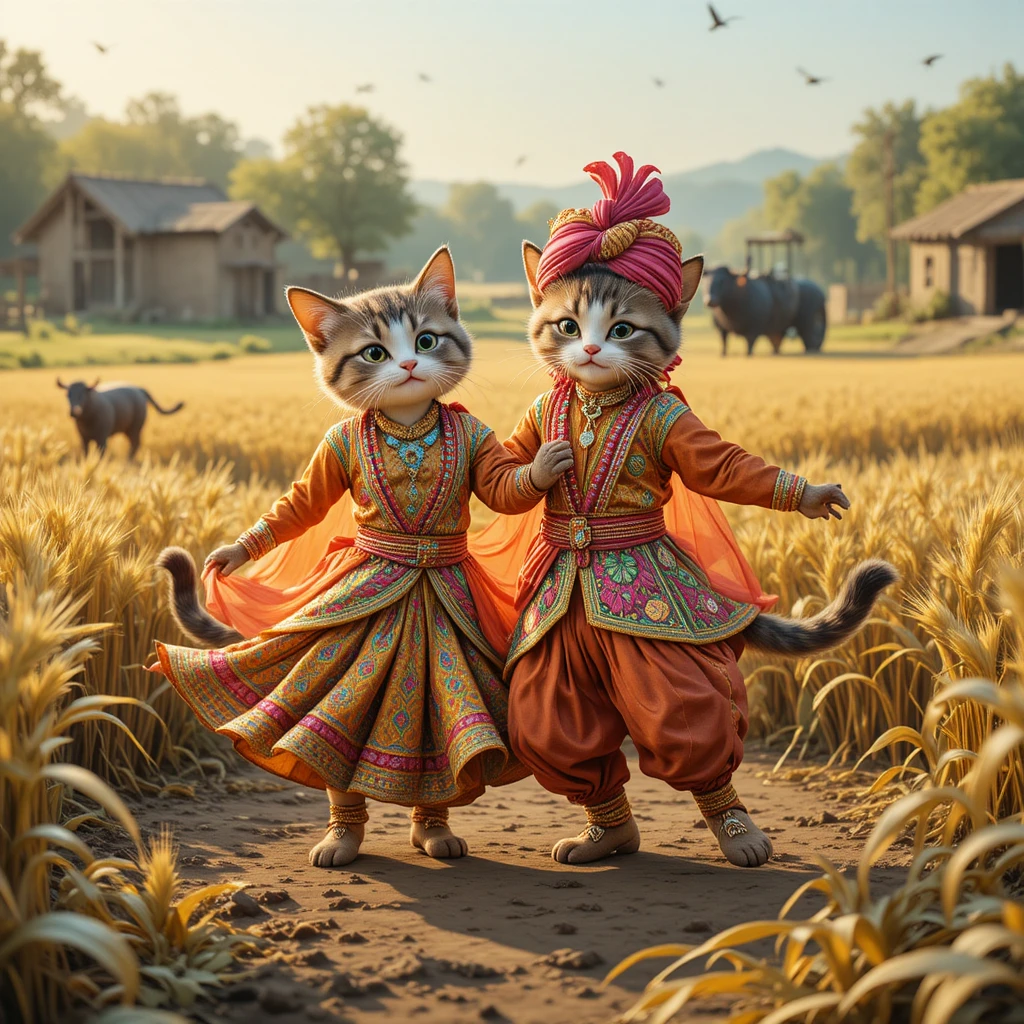 Dois gatos de desenho animado dançando em campos coloridos de uma vila punjabi