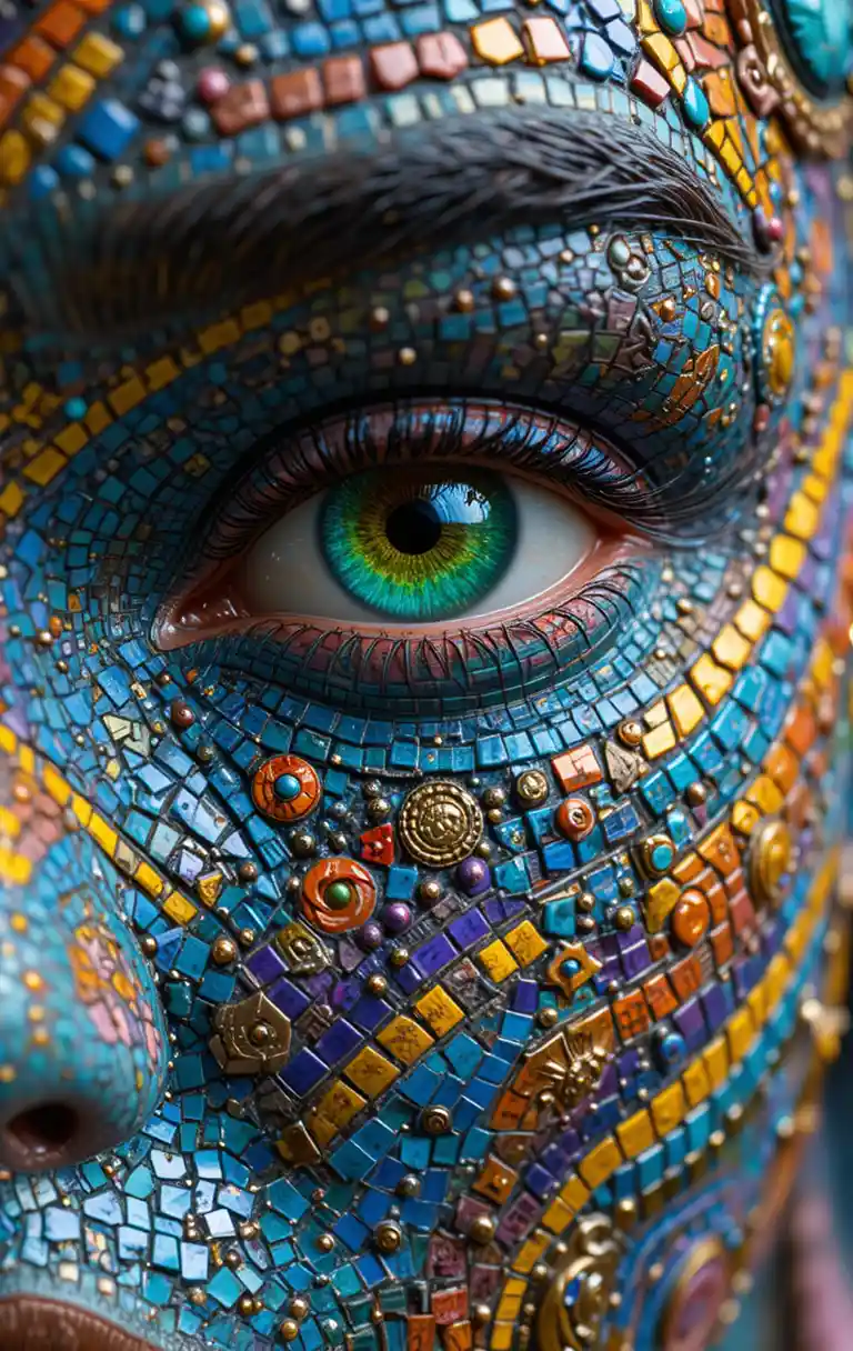 Extremes Close-up eines Gesichts mit bunten geometrischen Mosaikmustern