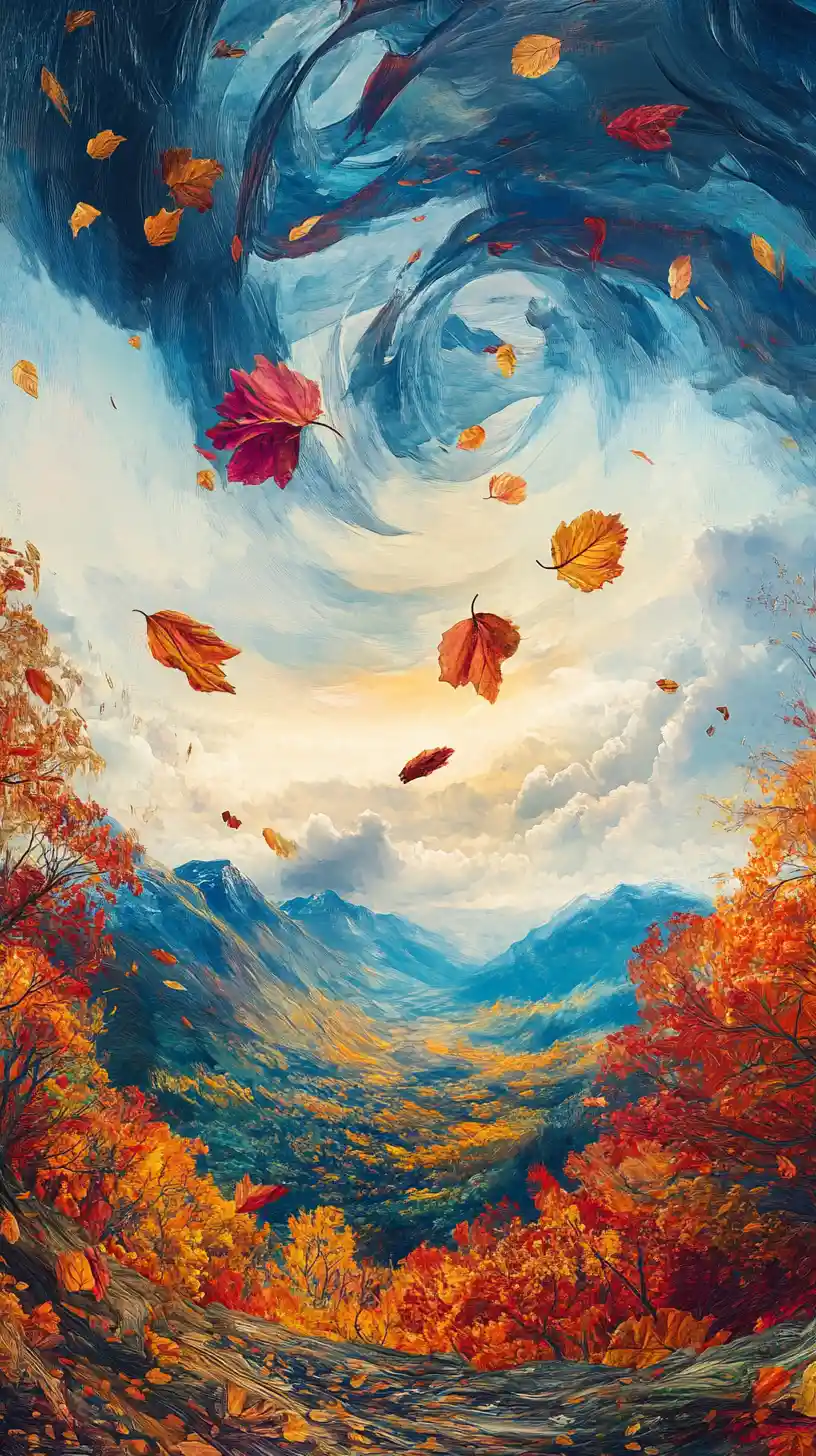 Surreal Autumn Landscape With Swirling Amber And Crimson Leaves