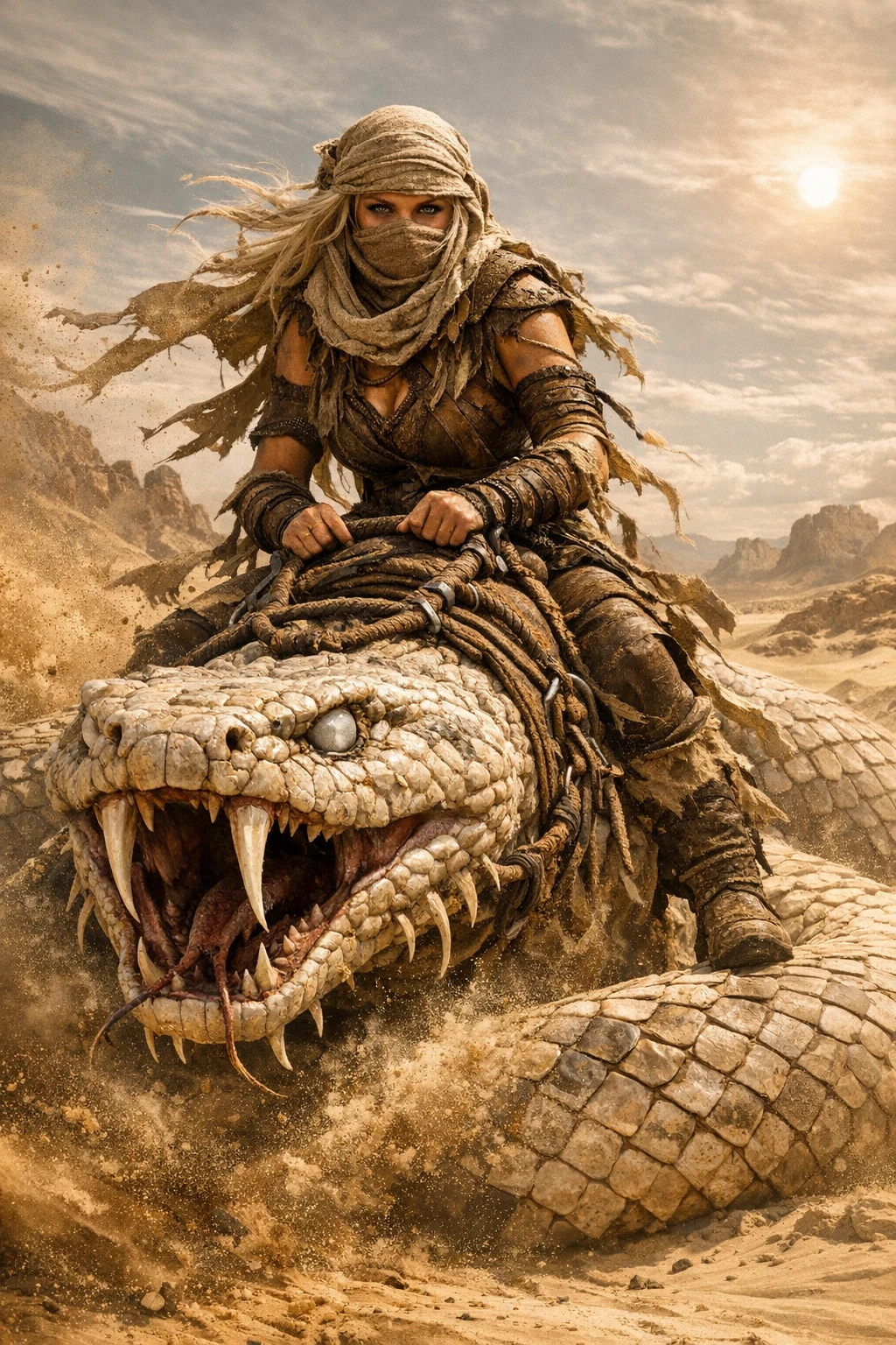 Viking warrior woman riding giant serpent through harsh desert