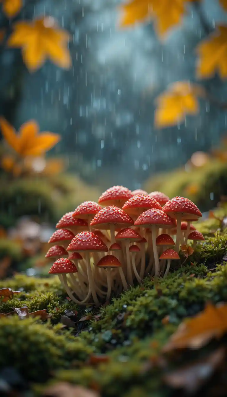 Rote Pilze im Regen auf saftig grünem Moos