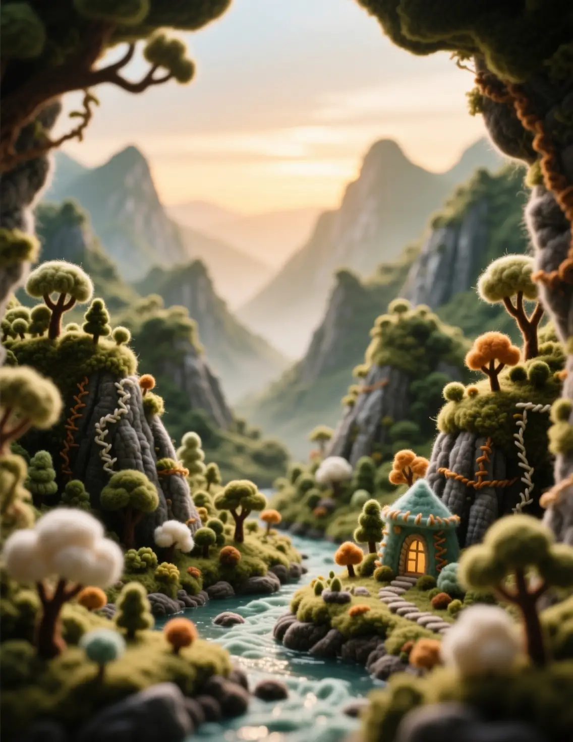 Miniatur-Filz-Diorama einer stillen, mystischen Schluchtenlandschaft