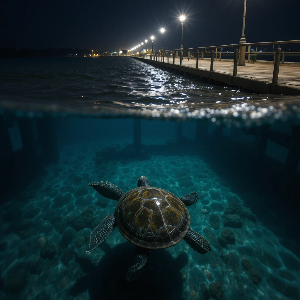 Tortuga marina emergiendo bajo un muelle de noche