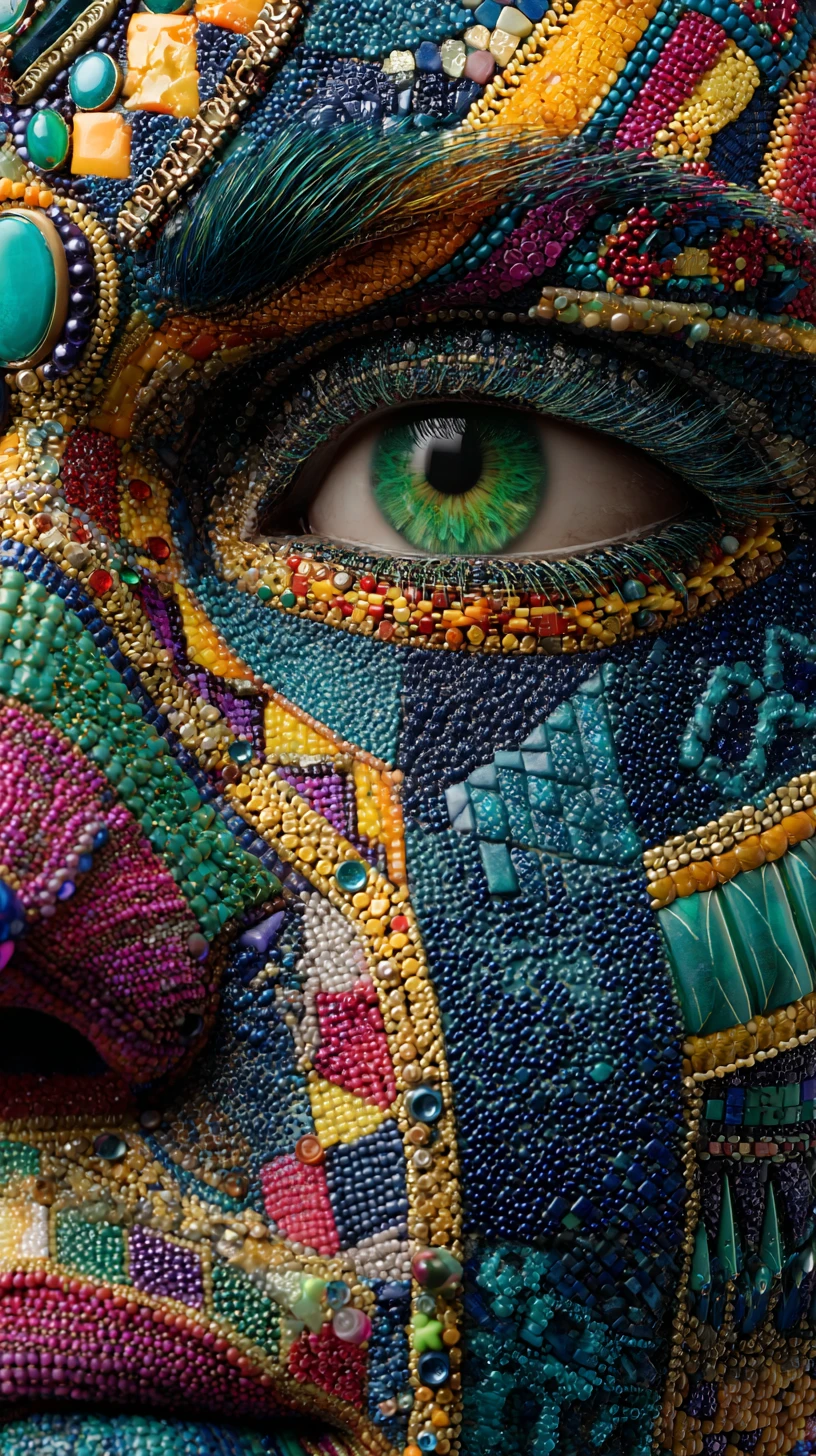 Extreme close up female face in colorful mosaic patterns
