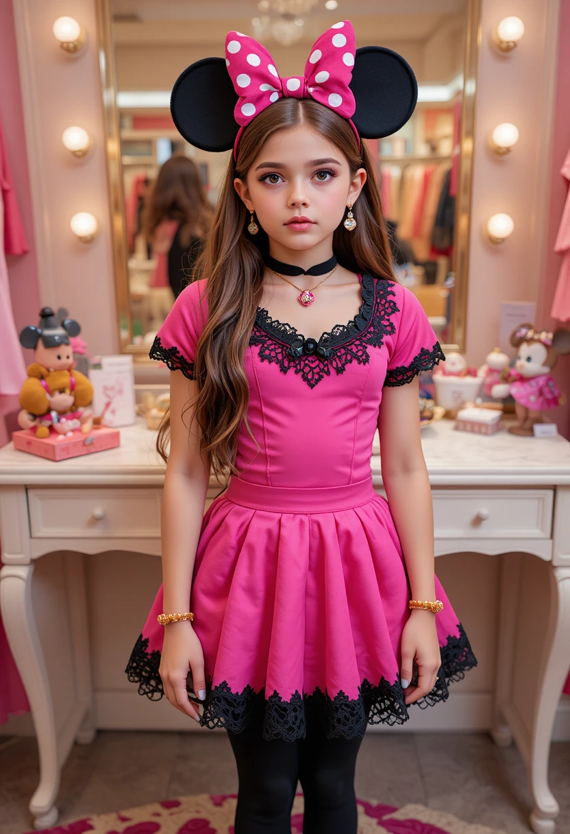 Menino tímido pré-adolescente fantasiado de Minnie Mouse em penteadeira de boutique
