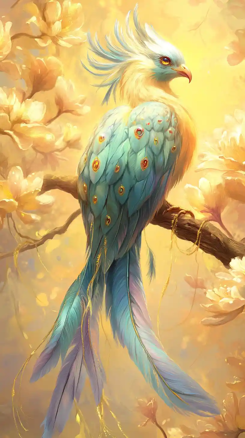 柔和黃色花叢中棲息的奇幻藍綠色鳥