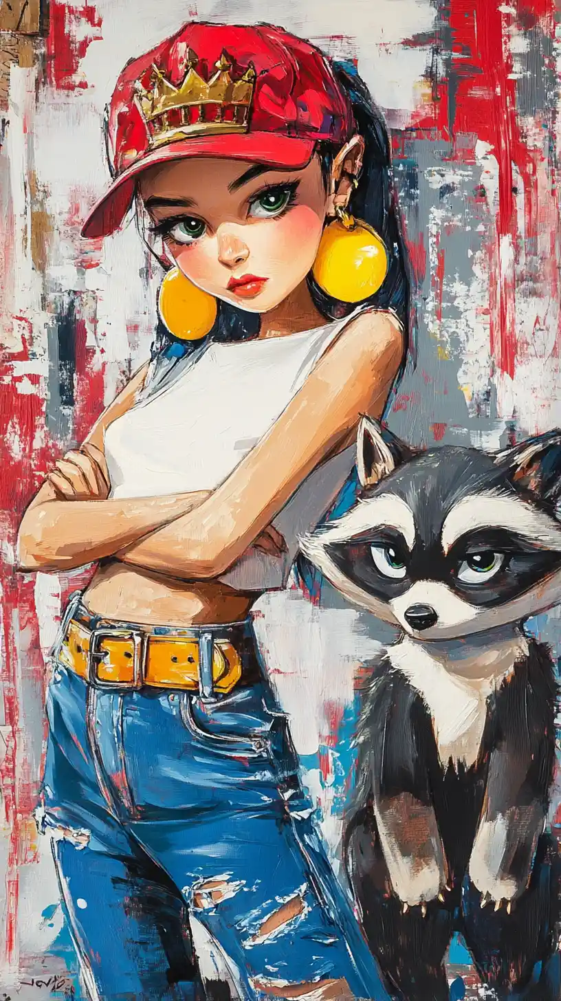 Ragazza birichina con procione come compagno in audace stile pop art