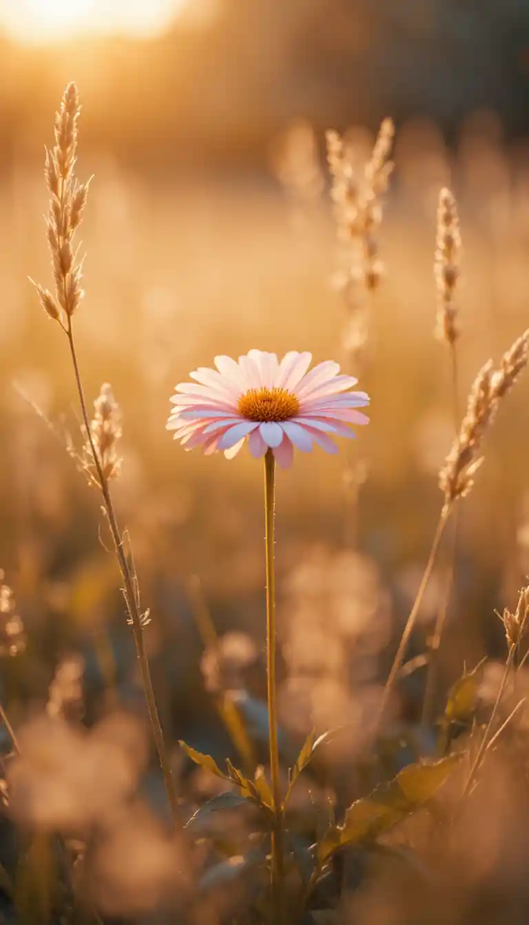 Douce marguerite rose rayonnant dans la lumière chaleureuse de l’heure dorée