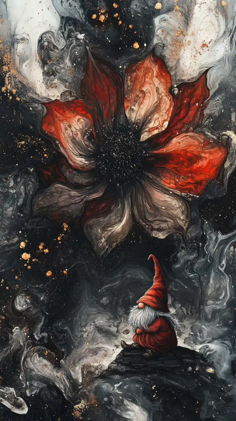Mischievous gnome beside surreal flower in fantasy garden