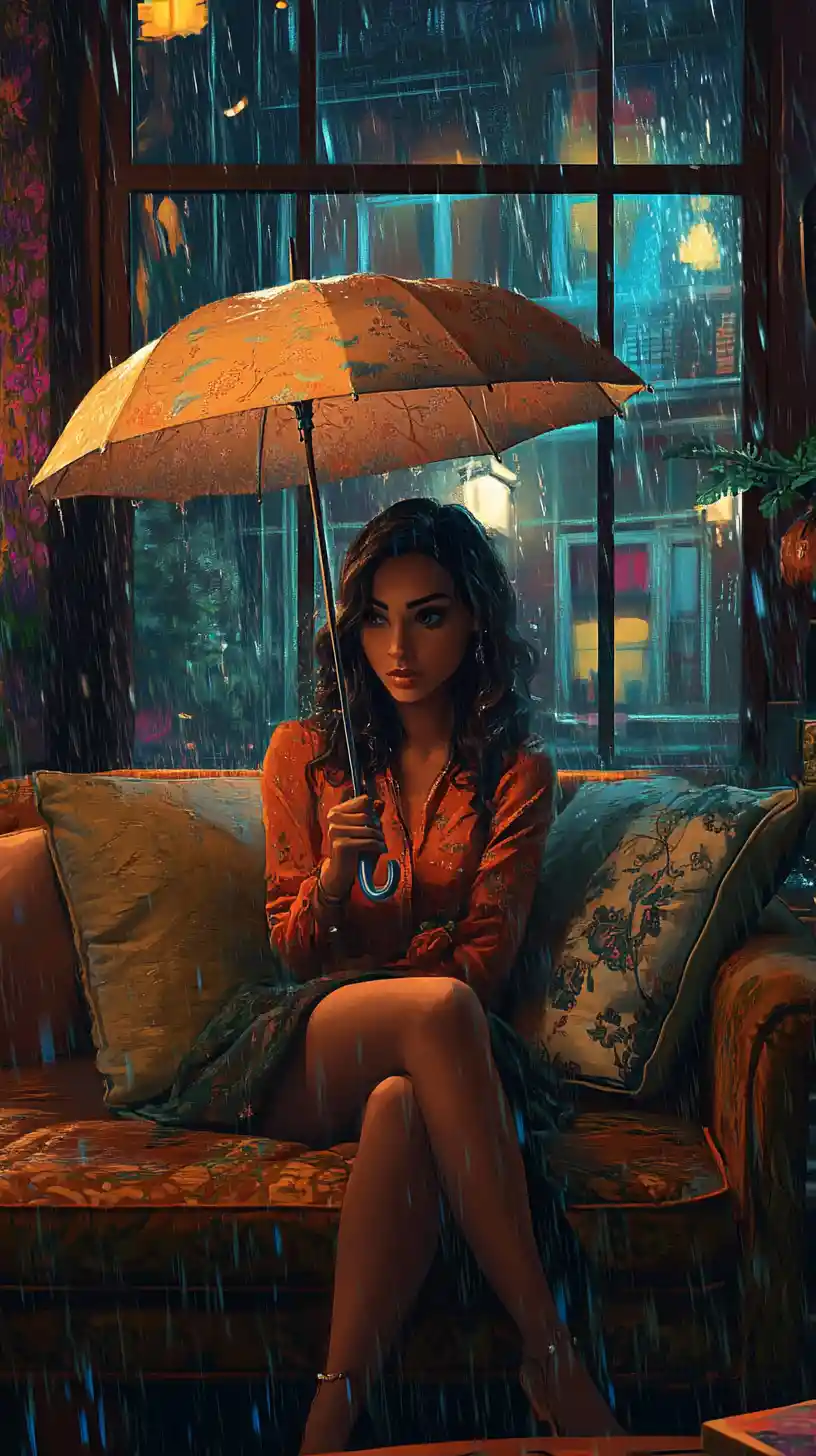 Frau auf Couch mit Regenschirm in gemütlichem Zimmer