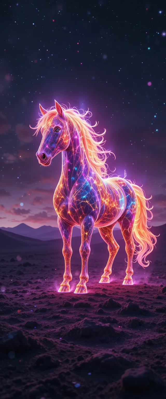 Cavalo de Energia Quântica Brilhante em Mundo Desértico Alienígena