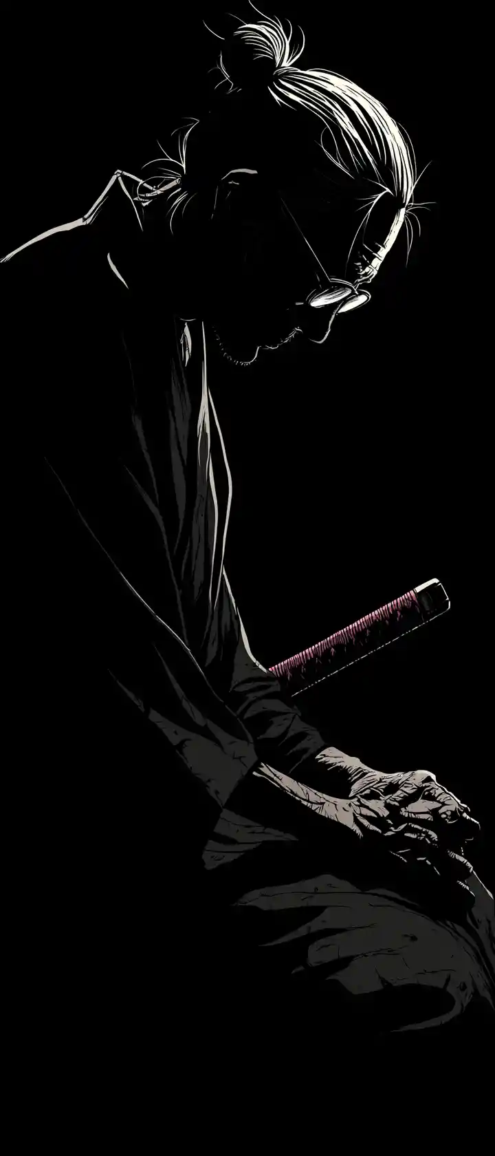 Elderly swordmaster sharpening his blade in darkness