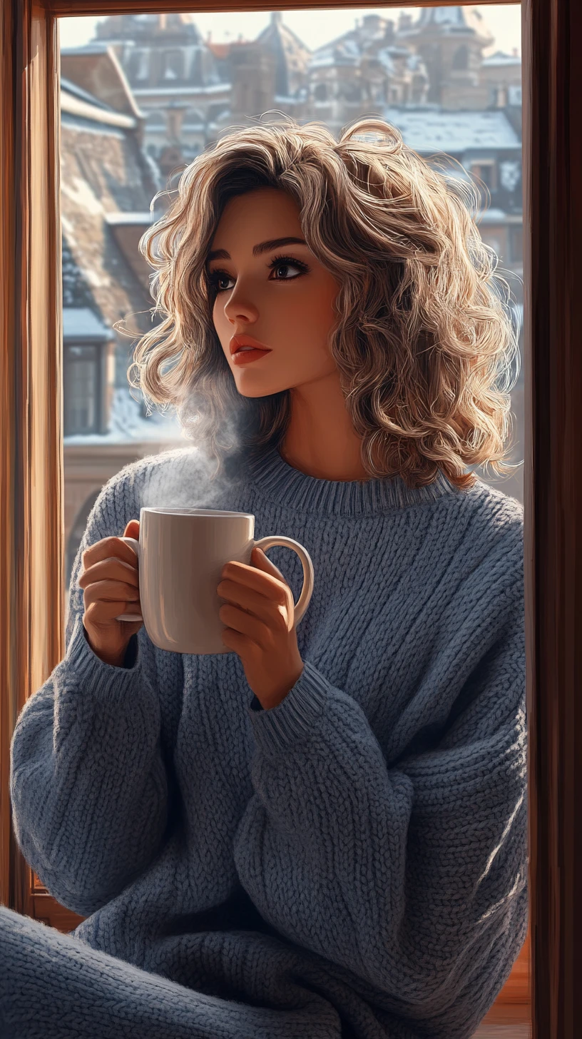 Femme sur un rebord de fenêtre avec un café dans la douce lumière du matin