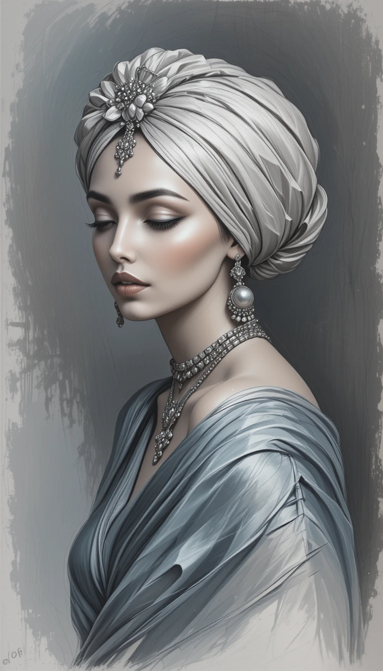 Ritratto a olio di donna elegante con turbante e sguardo sereno