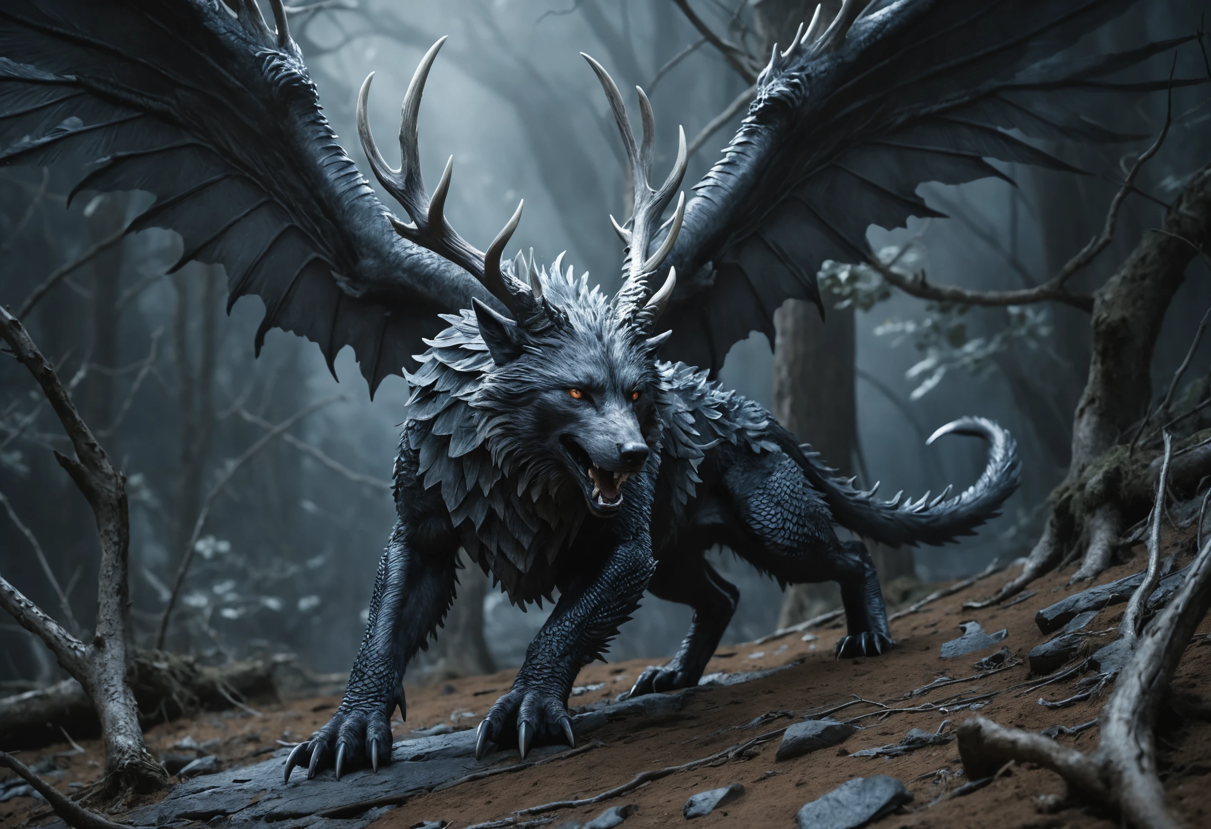 Quimera mítica de lobo e dragão sob um céu de fantasia ao luar