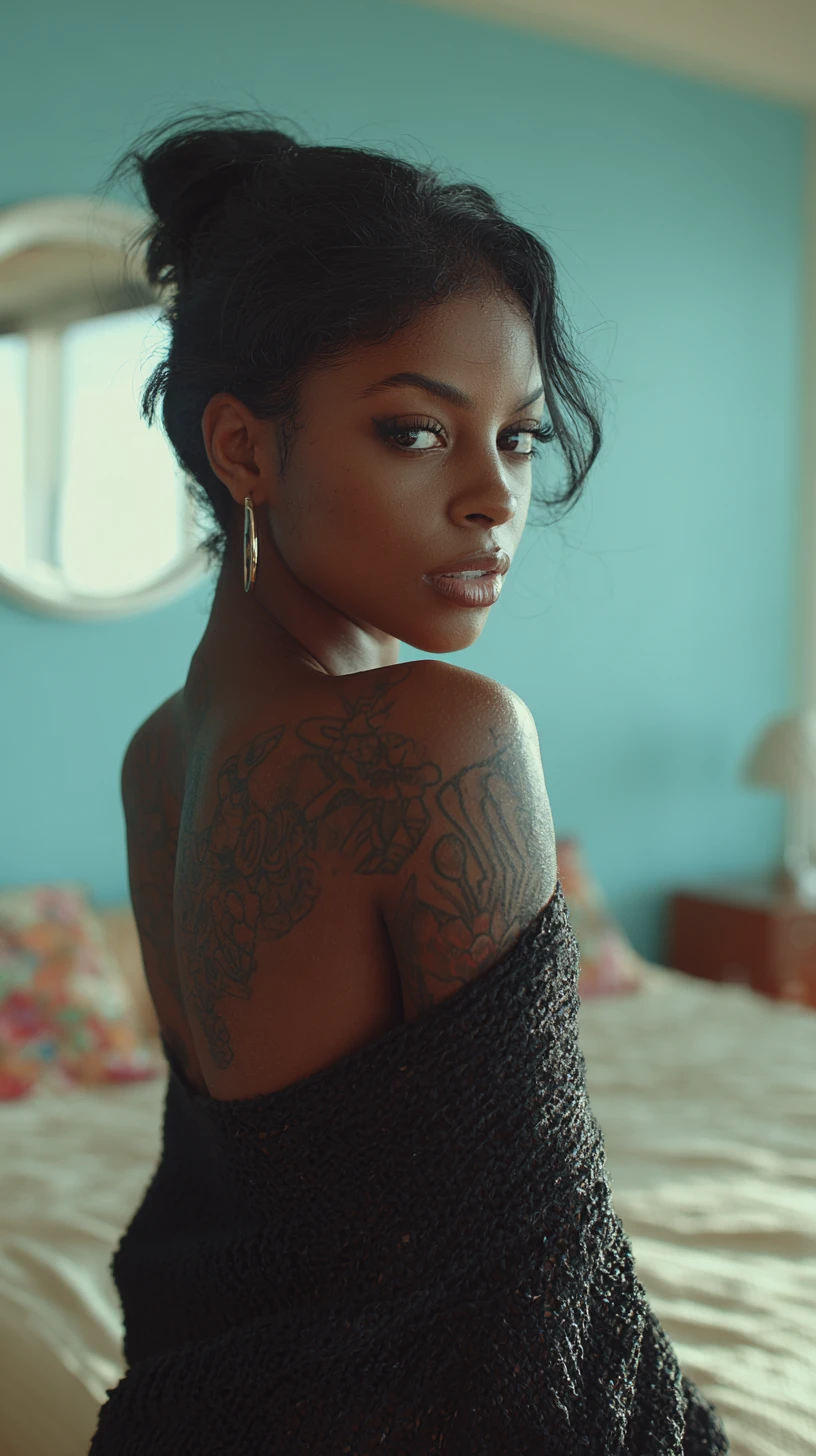 Stylish black woman in off shoulder sweater in apartment
