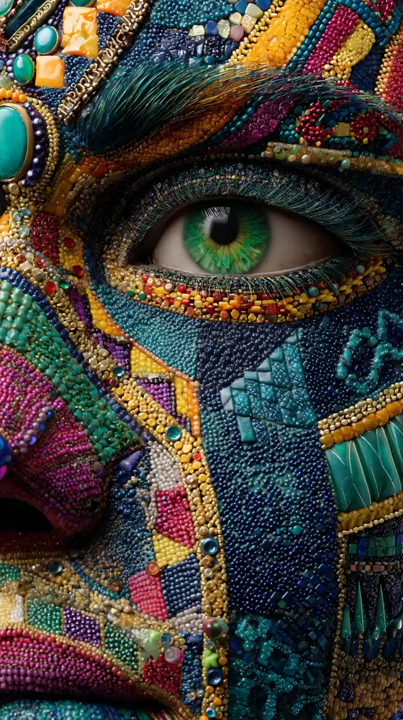Extreme close up female face in colorful mosaic patterns