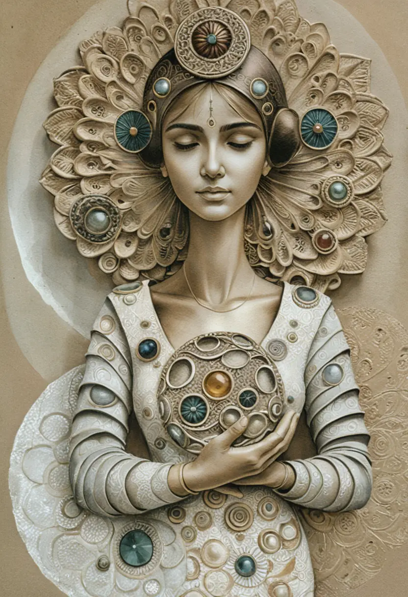 Mulher serena em pose de meditação com halo de mandala ornamentado