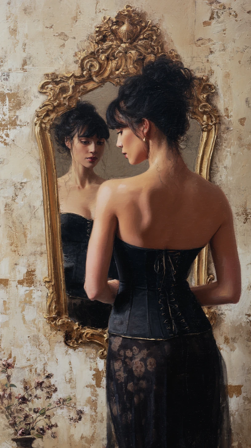 Femme en corset face à un miroir baroque dans une peinture à l’huile