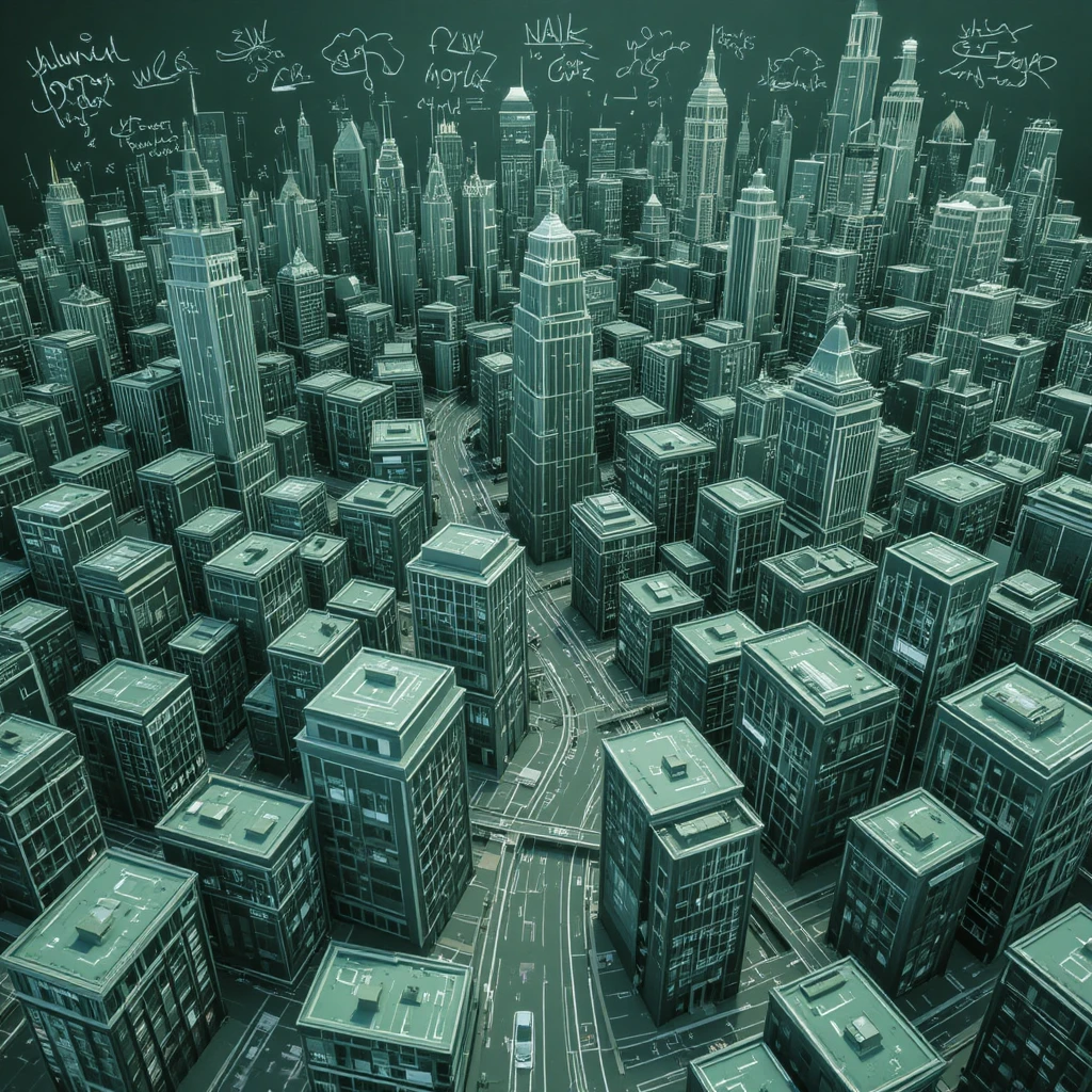 Tableau vert ville 3D du centre-ville avec détails à la craie