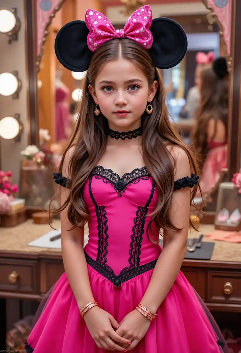 Garoto pré-adolescente tímido com roupa da Minnie Mouse em penteadeira de boutique
