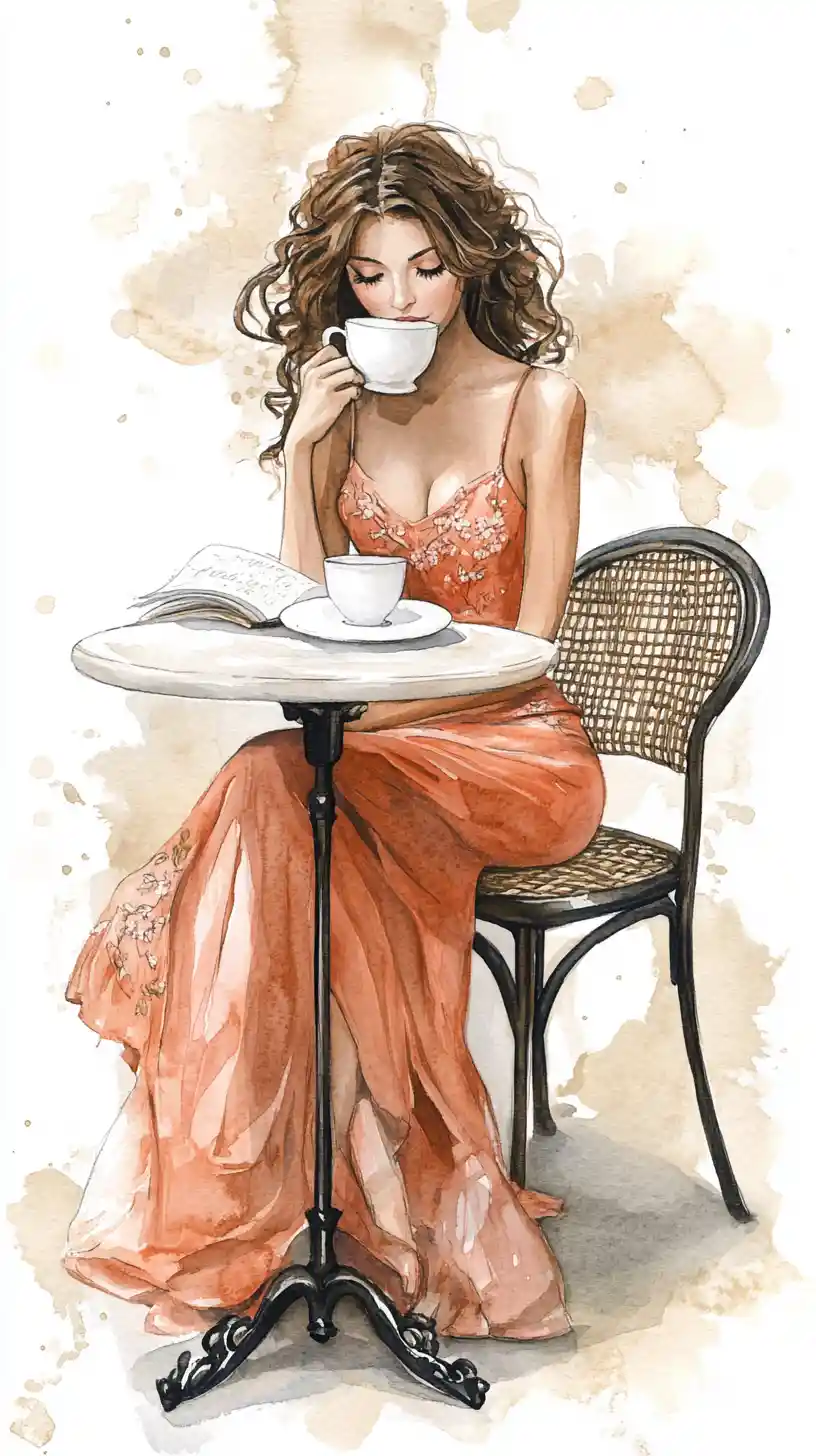 Elegant woman reading at a small watercolor cafe table